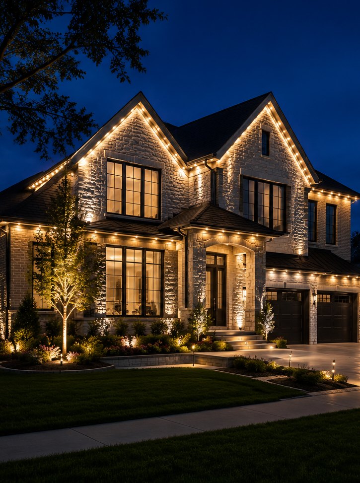 Stone home at dusk with a permanent lighting system tracing its gables and rooflines