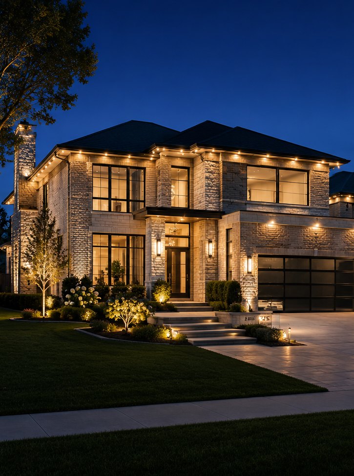 Modern home at night with permanent lighting along its rooflines