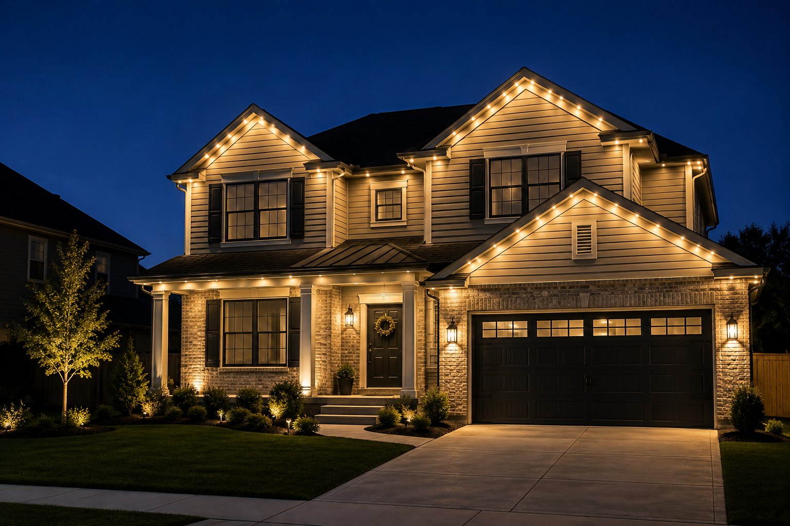 Two-story home at night with permanent lighting tracing every gable and roofline
